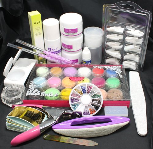 19 in 1 Professional Acryic Nail Art Kit Brush Buffer Tool Nail Tips Glue Acrylic Powder Buffer Block Sanding Files Rhinestones Decorations Salon Tools Set #8023