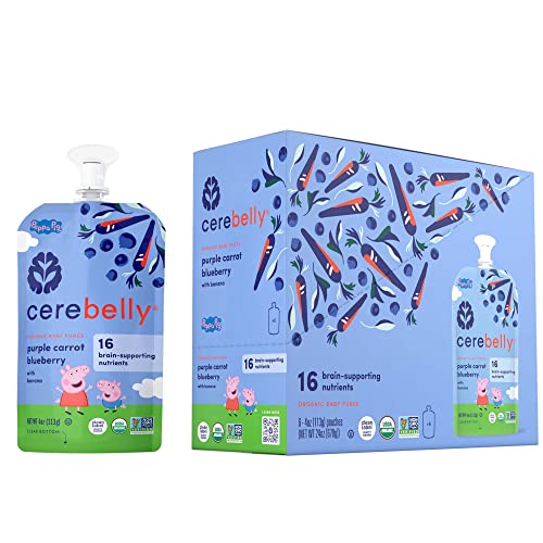 Cerebelly Baby Food Pouches â€“ Peppa Pig Purple Carrot Blueberry Smoothie (Pack of 6), Organic Fruit & Veggie Purees, Toddler Snacks, 16 Brain-supporting Nutrients from Superfoods, No Added Sugar