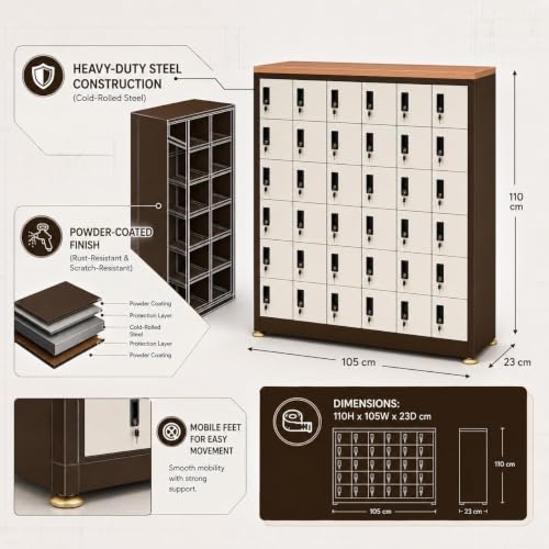 Image of Amazon Brand - Solimo 30-Door Mobile Locker Cabinet Heavy-Duty Lockable Steel Compartments for Phones Wallets & Valuables Powder-Coated Brown Finish Office School Gym Warehouse