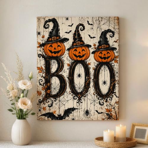 Lienzo de Halloween con calabazas y murciélagos decoración para salón