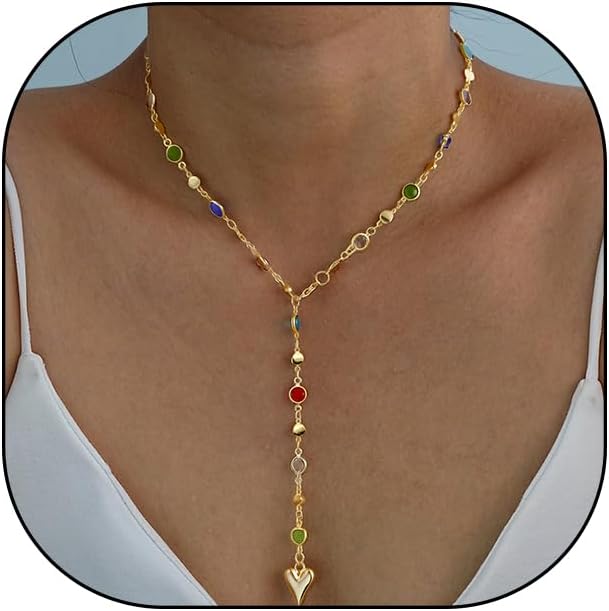 RTY Gold Lariat Necklace for Women Dainty Long Tassel Chain Tiny Heart Pendant 14k Gold Plated Colorful Rhinestone Beaded Y-Shaped Choker Necklaces for Trendy Statement Outfits Jewelry