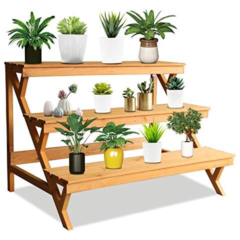 3 Tier Wood Plant Stand Indoor Outdoor, Ladder Large Multi Tiered Plant Holder, Wooden, Display Storage Shelf, 35.43"×23.62"×23.62", 3 Layered Step Plant Rack, Stair Plant Stand Cover