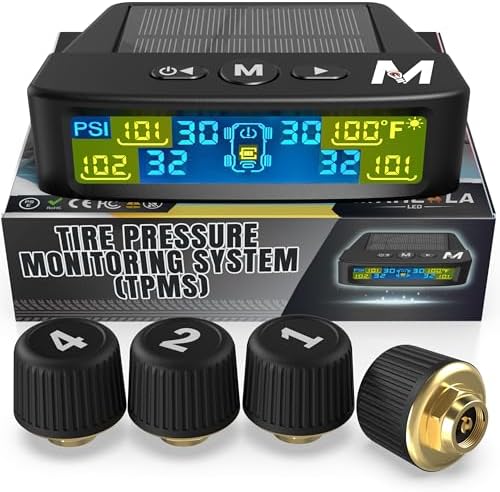 Sistema de monitoreo de presión de neumáticos Marcala - Juego de 4 sensores TPMS (0-98PSI) | Para remolque RV, autocaravana, camión | Kit de monitoreo de aire de rango extendido de 32 pies | Carga solar y 6 modos de alarma | Esté seguro y evite los pisos