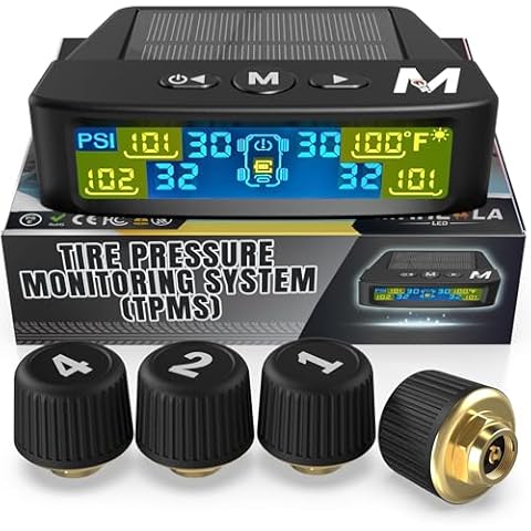 Marcala Tire Pressure Monitoring System - Set of 4 TPMS Sensors for Trailer, RV, Camper, Truck (0-98PSI) | 50ft Extended Range Air Monitor Kit | Solar Charge & 6 Alarm Modes | Be Safe & Prevent Flats Cover