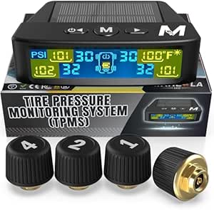 Marcala Tire Pressure Monitoring System - Set of 4 TPMS Sensors for Trailer, RV, Camper, Truck (0-98PSI) | 50ft Extended Range Air Monitor Kit | Solar Charge & 6 Alarm Modes | Be Safe & Prevent Flats