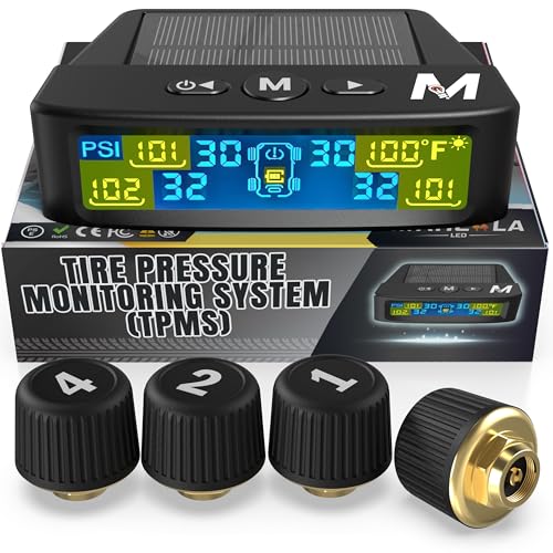 Marcala Tire Pressure Monitoring System - Set of 4 TPMS Sensors for Trailer, RV, Camper, Truck (0-98PSI) | 50ft Extended Range Air Monitor Kit | Solar Charge & 6 Alarm Modes | Be Safe & Prevent Flats