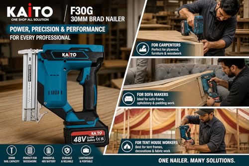 Image of KAITO F30G 30MM Cordless Brad Nailer | 10-30MM Straight Nails | 2 x 48V Battery Powered Nail Gun | Perfect for Wood-Work | for Carpenters, Sofa Makers & Tent House Makers | Charger & Nails Included