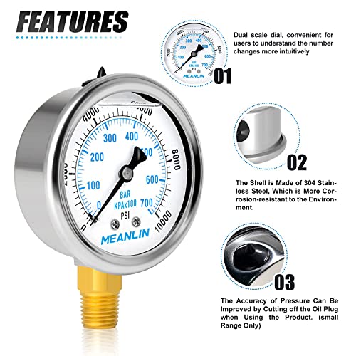 Meanlin Measure 0~10000Psi Stainless Steel 1/4" Npt 2.5" Face Dial Liquid Filled Pressure Gauge Wog Water Oil Gas Lower Mount, With 1/4" X 1/2" Npt And 1/4" X 3/8" Npt Hex Bushing #TOP4