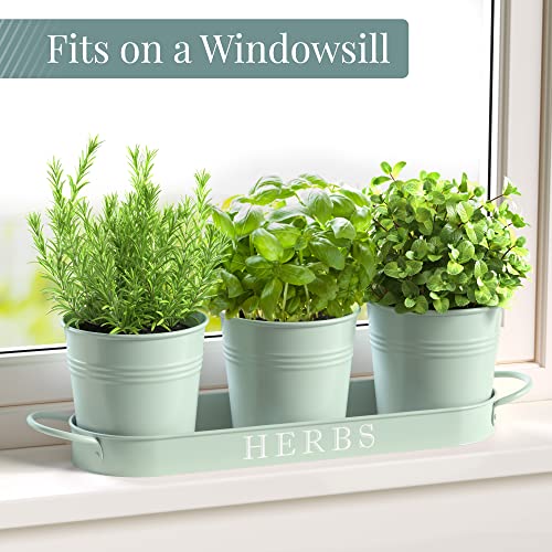 Barnyard Designs Kräutertopf-Pflanzgefäß-Set mit Tablett für den Innen-, Garten- oder Außenbereich, weiches mintgrünes Metall, (3er-Set… – Ansicht 3