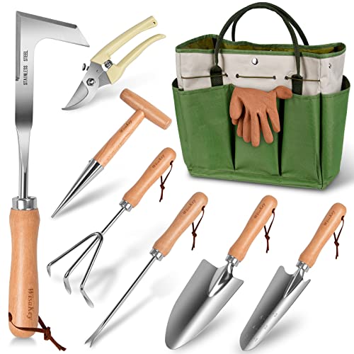 WisaKey Garden Tools Set, 9 Piece Gardening Kit Heavy Duty Stainless Steel, Gardening Hand Tools with Non-Slip Wooden Grip and Storage Bag, Gardening Gift Set for Women and Men