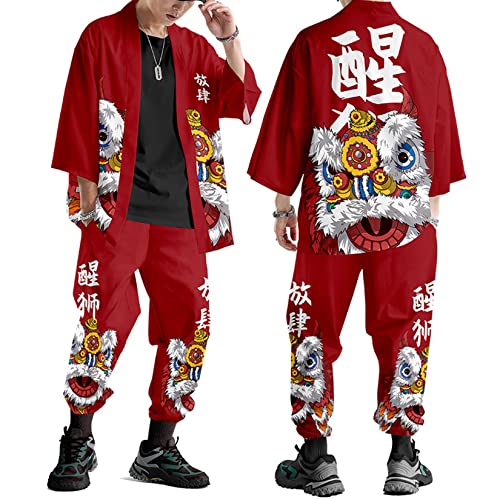 Image of DOSLAVIDA Men's Japanese Kimono Jacket Set Stylish Open Front Coat With Shorts Chinese Style Printed Cardigan Suit