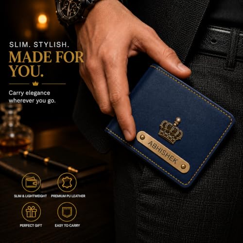 Image of Personalized Men's Wallet with Name & Metal Pen | Customized Slim Stylish Wallet with Charm | Gift for Men, Husband, Boyfriend, Father, Brother | Birthday, Anniversary, Teachers (Blue)