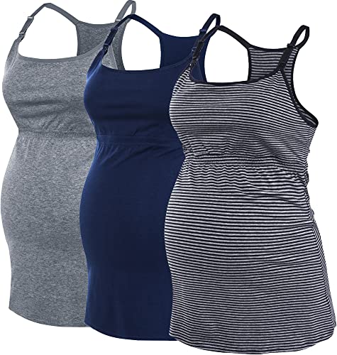 Suiek 3Pack Racerback Nursing Tops Tank Cami Maternity Bra Breastfeeding Sleep Shirt (Medium, Navy+Charcoal+Stripe 3Pack) #TOP1