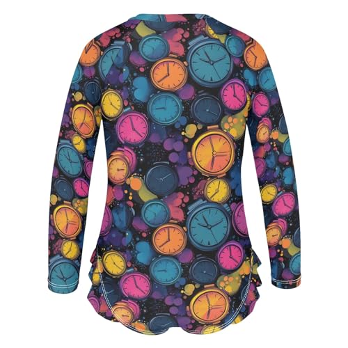 Colorful Alarm Clock Pattern Girls One Piece Rash Guard Swimsuit, Girls Long Sleeve Swimwear for 3-12Y3
