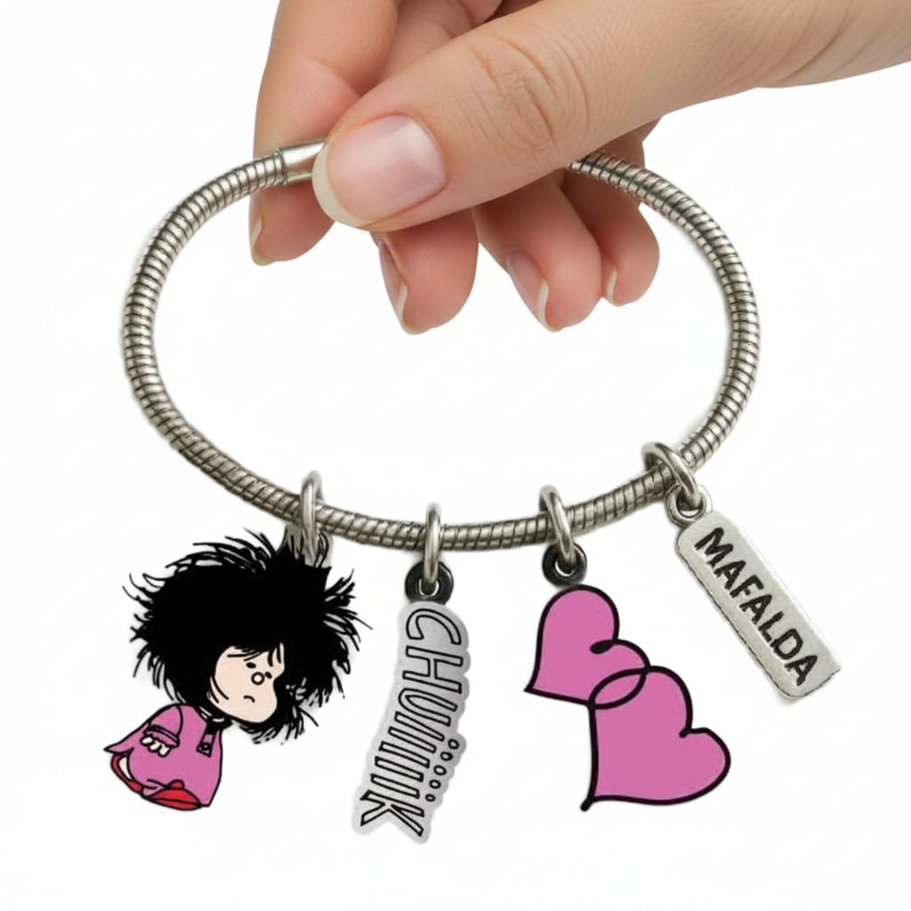 Pulsera con Charms Mafalda Despeinada - Licencia Oficial Quino, Rosa, Acero Inoxidable, Estilo Serpiente, Talla Única