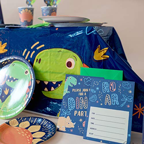 Dinosaur Birthday Invitations With Green Envelopes Pack Of 20 | Kids Roar Bday Party Invites For Boys 5" X 7" Card, Colorful Dino Design #TOP3
