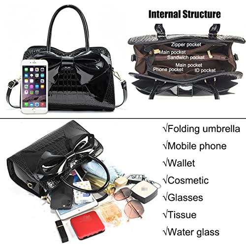 Xingchen Shiny Women Handbag Patent Leather Bowknot Purse Charm Glossy Top-Handle Satchel Tote Fashion Shoulder Bag(Black) #TOP5