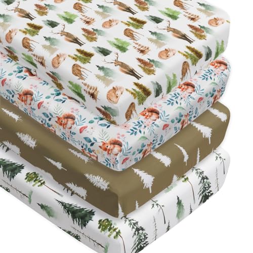 Image of 4 Pack Woodland Forest Animals Wood Neutral Unisex Fitted Baby Crib Sheets Set for Baby Boys or Girls (Cartoon Fox, 52 * 28)