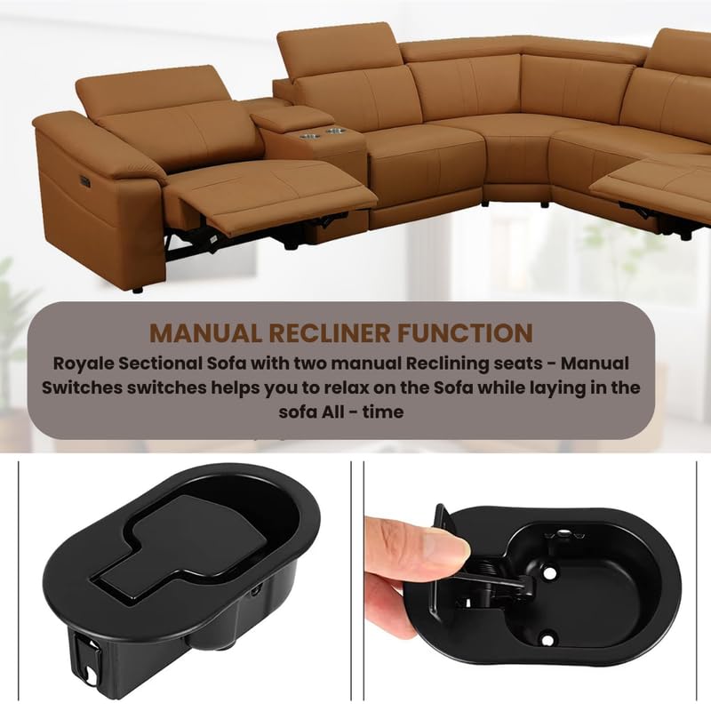 Image of Homax. Royale Leatherette Upholstered 5 Seater Manual Reclining Sectional Sofa with Adjustable Headrests, Built-in Console & USB Charging Ports, Colour - Camel Brown