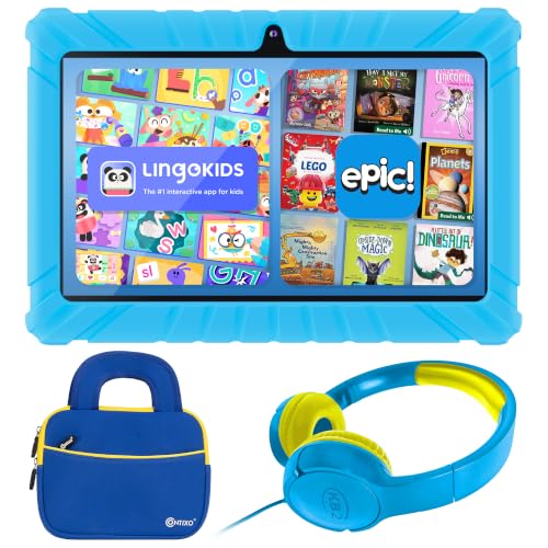 Image of Contixo 7 inch Kids Tablet Bundle, Tablet with Headphones & Sleeve Bag - Blue | 7-Inch Kids Tablet Bundle | Plus trial access to Lingokids & Epic Apps | Parental Controls | 32GB | Headphones | Sleeve Bag