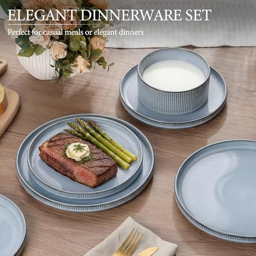 Image of E-far Stoneware Dinnerware Sets for 2, 6-Piece Plates and Bowls Sets, Chip & Scratch Resistant Ribbed Dish Set for Home Restaurant, Microwave & Dishwasher Safe, Dusty Blue
