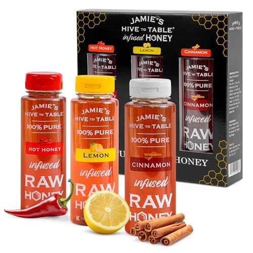 Jamie's Hive to Table Infused Honey Gift Set – Hot, Lemon, and Cinnamon Flavors, 36 Oz, Pack of 3 Squeeze Bottles – 100% Natural Raw Honey