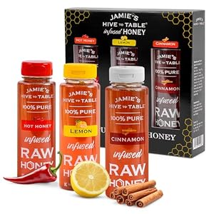 Jamie’s Hive to Table – Honey Gift Set – Hot, Lemon and Cinnamon Flavored Honey Variety Pack, 36 oz