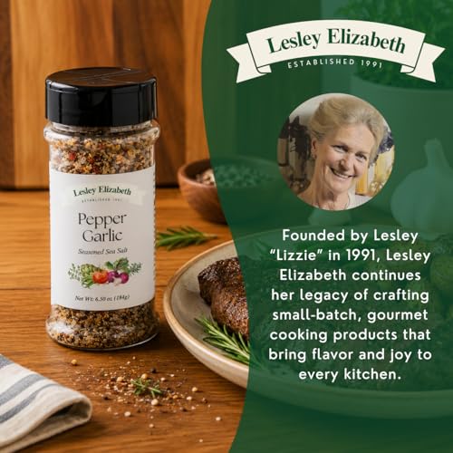 Image of Lesley Elizabeth Pepper & Garlic Seasoned Sea Salt Seasoning - Bold Garlic & Pepper Infused Sea Salt - 8.4 oz (250 ml) PET Shaker Bottle for Meats, Vegetables & Marinades