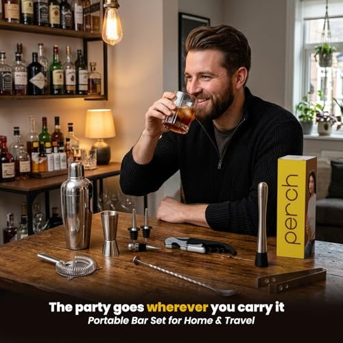 Image of O' Holic by Perch Craft 10-Piece Stainless Steel Bartender Kit|Premium Cocktail Shaker Set with Jigger 30 /60ml, Spoon,Pourer,Ice Tong, & Bar Tools|Professional Bar Set for Home &Tour Parties|Silver