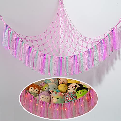 Image of Stuffed Animal Storage Macrame Boho Plush Toy Net Hammock for Stuffed Animals with Light Pet Net for Stuffed Animals Corner Hanging Stuffed Animal Holder Teddy Bear Net for Kids Room