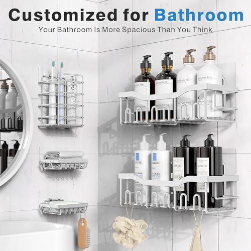 Image of Shower Caddy 5 Pack,Adhesive Shower Organizer for Bathroom Storage&Home Decor&Kitchen,No Drilling,Large Capacity,Rustproof Stainless Steel Bathroom Organizer,Shower Shelves for Inside Shower-Larger