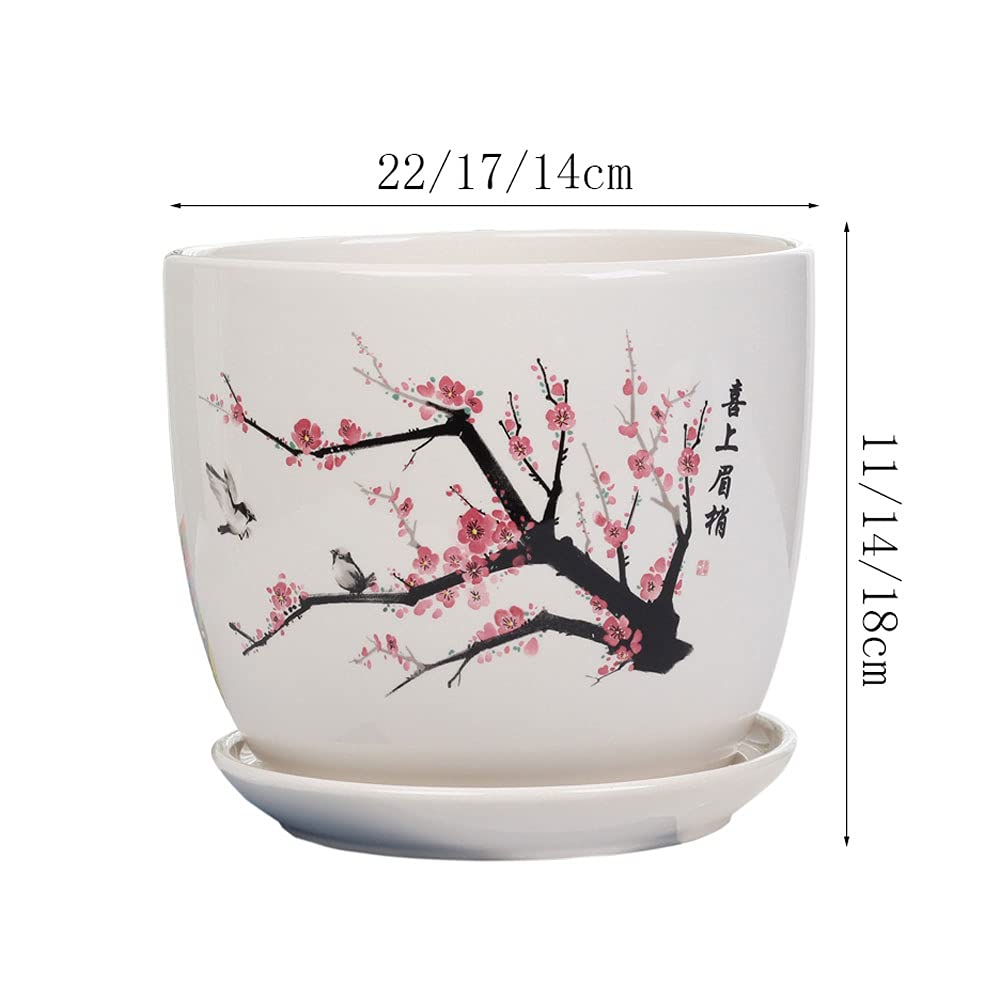 Ceramiczne doniczki do roślin i donice wewnątrz na zewnątrz. kwiatów w stylu chińskim z motywem kwitnącej śliwki. Doniczki sukulenty bonsai(D 22CM)