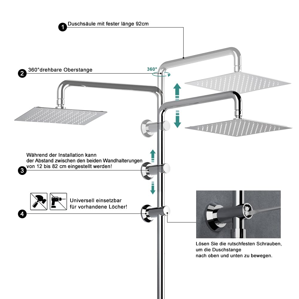 JOHO Colonna Doccia Acciaio Inox, Accessorio per Sistema Doccia, Cromo | Compatibile con Fori Esistenti, Asta Doccia Saliscendi 91 cm per Soffione Doccia a Pioggia
