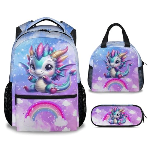 Girls Backpack with Lunch Box - Cute School Bookbag Set - Dragon Backpack for Girls - Back to School Gifts for Kids Child - 17 Inch Toddler Back Pack for Primary/Preschool