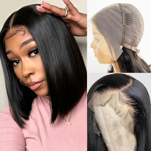 Karlami Bob Wig Human Hair Straight HD Lace Front Bob Wigs for Black Women Human Hair Pre Plucked Glueless Side Part Middle Part C Part 180% Density Human Hair Natural Black 13X4 12 Inches