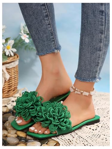 OYOANGLE Women's 3D Floral Flat Sandals Square Open Toe PU Leather Slip on Slides4