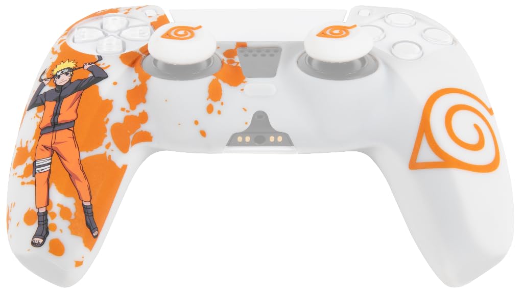 Konix Naruto Shippuden Caracasa Protectora para Mando DualSense de PS5 - Silicona - Apoyos para Pulgares - Diseño Konoha, Naruto - Blanco
