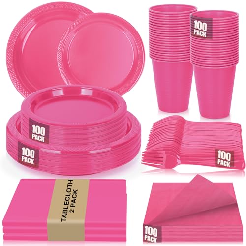 CLIYTICA Cerise Plastic Plates Set-100 Guest 9" Dinner Plates &