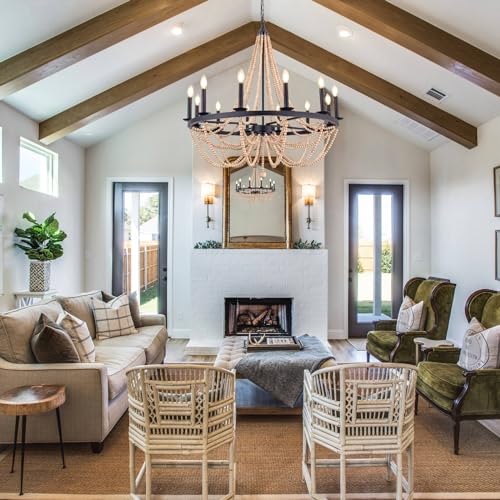 Wellmet Wood Bead Chandelier 38", 12 Light Black Wagon Wheel Chandelier, Farmhouse Dining Room Pendant Light Fixtures Bohemian Coastal Chandeliers for Foyer, Kitchen, Living Room, Entryway, Bedroom - Image 6
