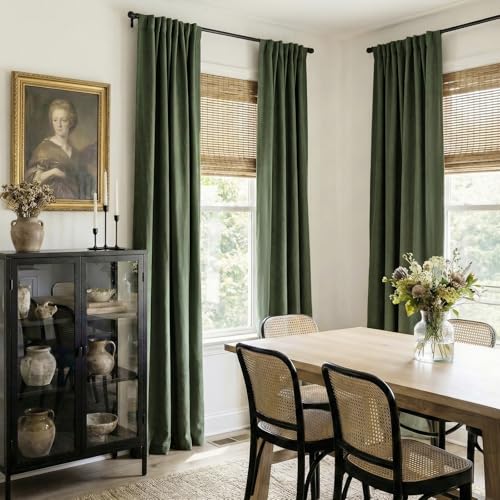 Image of 100% Blackout Shield Linen Blackout Curtains for Bedroom 84 Inches Long, Back Tab /Rod Pocket Living Room Drapes, Thermal Insulated Blackout Curtains 2 Panels Set, 50 inch W x 84 inch L, Moss Green
