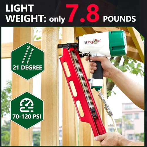 Image of KingOu Mexican Style 21 Degree NR2183M Light Weight (7.8lb) Framing Nailer, Pneumatic Framing Nail Gun with Aluminum Magazine, 2-Inch up to 3-1 /4-Inch Plastic Collated Full Head Framing Nails