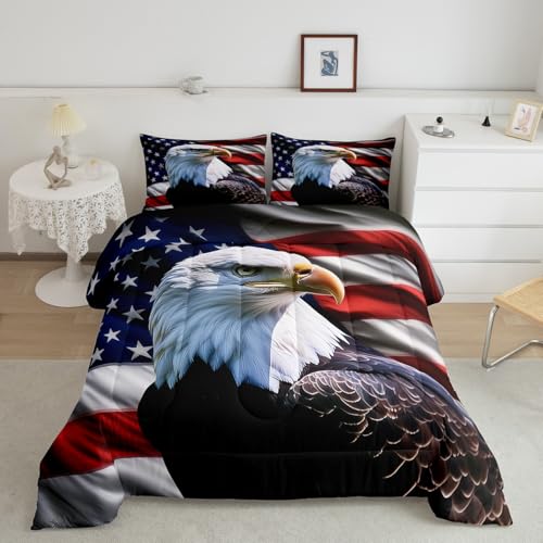 Feelyou Eagle Comforter Set King Size American Flag Comforter for Boys Girls Teens 3D Animal Printed Bedding Set Bird Decor Duvet Set Room Decor Dark Blue Quilt Set