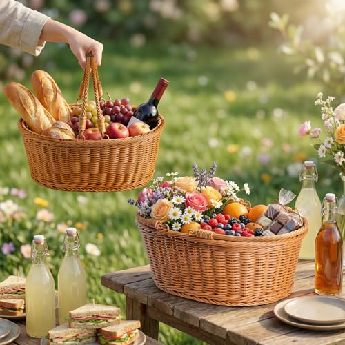 Lanpn 2er Set Handgeflochtene Rattan-Osterkörbchen mit Henkel in Braun, groß und mittel, geeignet für Familien, Ostereiersuche, Süßigkeiten, Geschenke, Picknick, Osterdeko