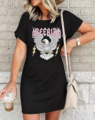 Image of Vintage Rock Country Music Dress for Women Rock Concert Band Graphic Tshirt Casual Letter Print Short Dress