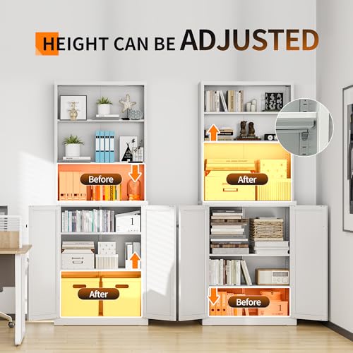 72" H Tall Metal Bookcase with Doors, 6 Tier Bookshelves with Adjustable Shelves, Storage Cabinet with Open Display Shelf, for Living Room, Home Office, Library - Image 5