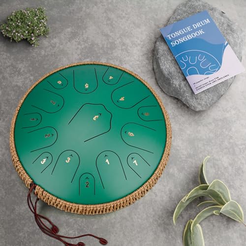 Image of Steel Tongue Drum-14 Inch 15 Notes Tongue Drums, Steel Drum Instrument for Adults, Handpan Drums with Music Book, Handpan Drum Mallet, and Carry Bag, C Major (Green)