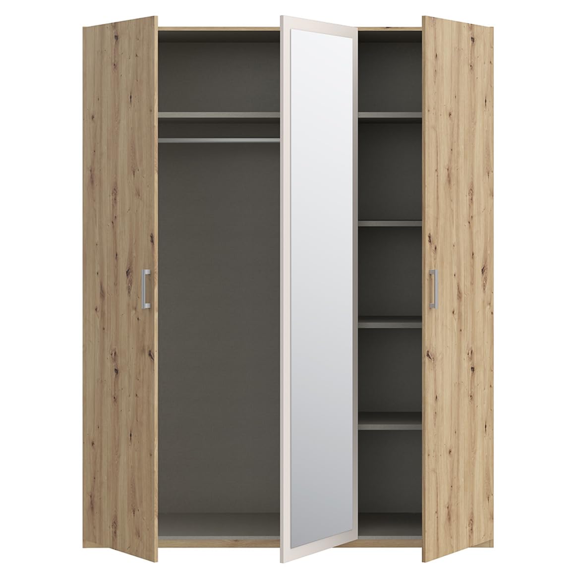 Meubletmoi Armoire Dressing/Penderie Décor Chêne et Sable Mat avec Miroir, 3 Portes Battantes et Poignées en Plastique Effet Aluminium - Design Contemporain - DODOMA