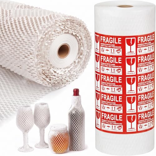 Honeycomb Packing Paper | 15"x197' Heavy Duty Moving & Shipping Paper with Fragile Stickers, Eco-Friendly Recyclable Cushioning Wrap for Furniture, Fragile Items, Gift Packaging & DIY Crafts (White)