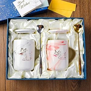 Ein Paar Kaffeetassen Tassen Text König & Königin, 2-teilig, mit Löffel und Deckel, Porzellan， schön verpackte Geschenke…
