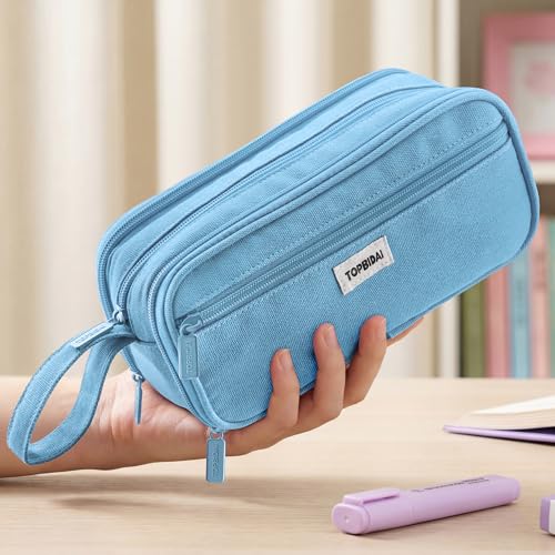 Image of TOPBIDAI Large Pencil Case Pouch for Girls Boy Women Men Adults | Big Capacity Canvas Pencil Bag, Office School Supplies, Multi Compartment Zipper Stationery Pen Box (Sky Blue)